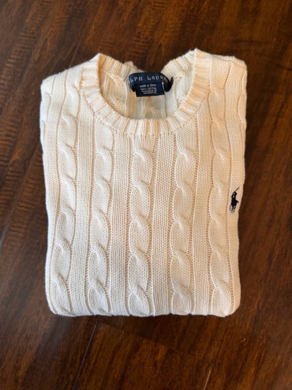 Ralph Lauren Cream Cable-Knit Crewneck Sweater with Navy Pony - Picture 1 of 3